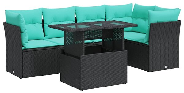 6 részes fekete polyrattan akácfa kerti ülőgarnitúra párnákkal