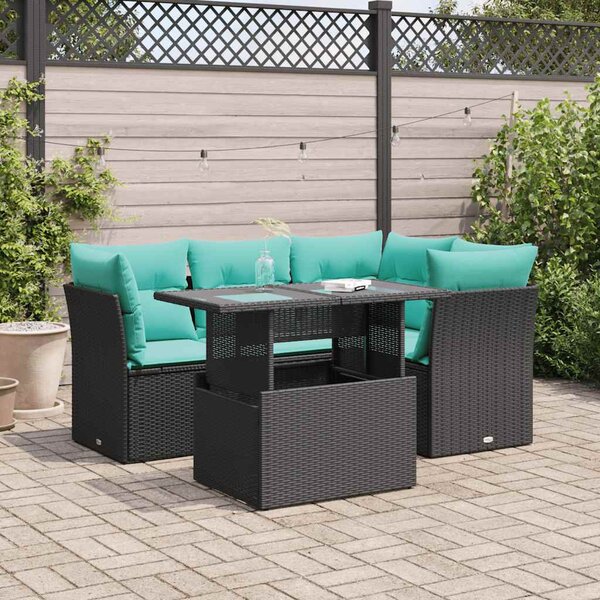 5 részes fekete polyrattan akácfa kerti kanapészett párnákkal