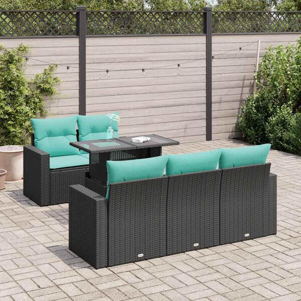 6 részes fekete polyrattan akácfa kerti ülőgarnitúra párnákkal