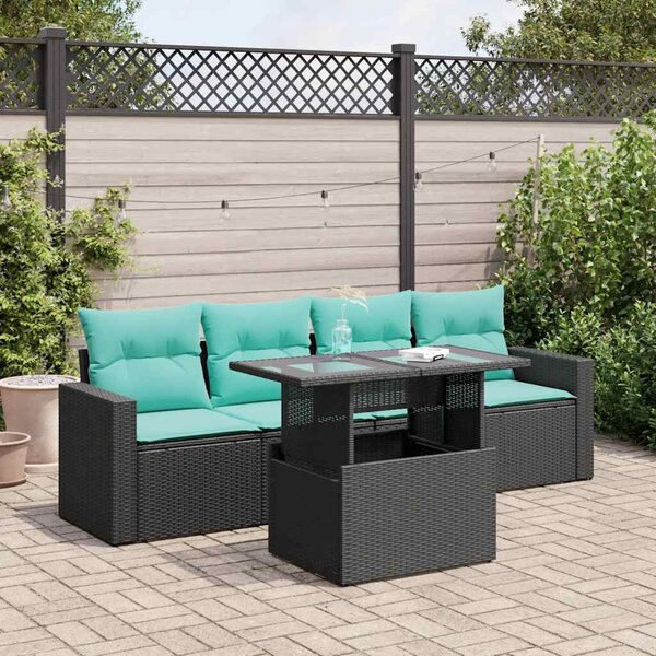5 részes fekete polyrattan akácfa kerti kanapészett párnákkal