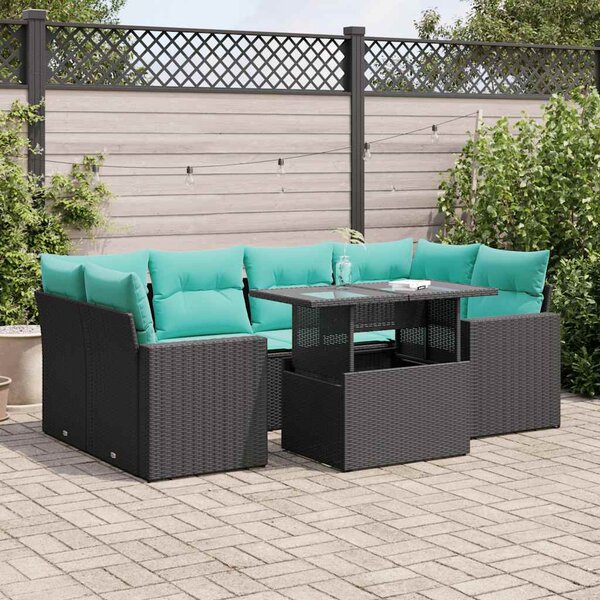 7 részes fekete polyrattan akácfa kerti ülőgarnitúra párnával