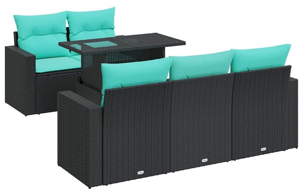 6 részes fekete polyrattan akácfa kerti ülőgarnitúra párnákkal
