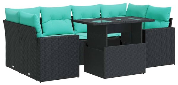 7 részes fekete polyrattan akácfa kerti ülőgarnitúra párnával