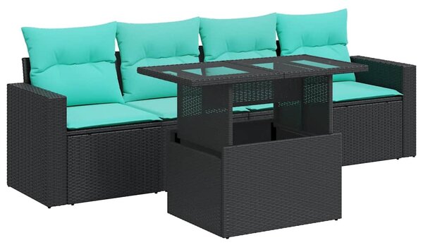 5 részes fekete polyrattan akácfa kerti kanapészett párnákkal
