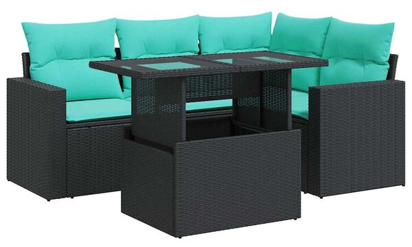 5 részes fekete polyrattan akácfa kerti kanapészett párnákkal