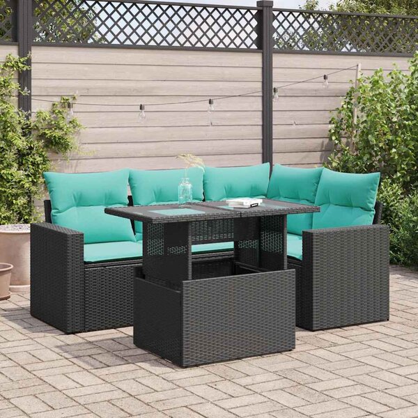 5 részes fekete polyrattan akácfa kerti kanapészett párnákkal
