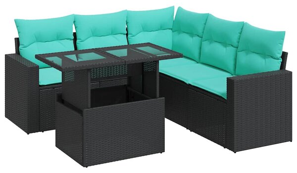 6 részes fekete polyrattan akácfa kerti ülőgarnitúra párnákkal