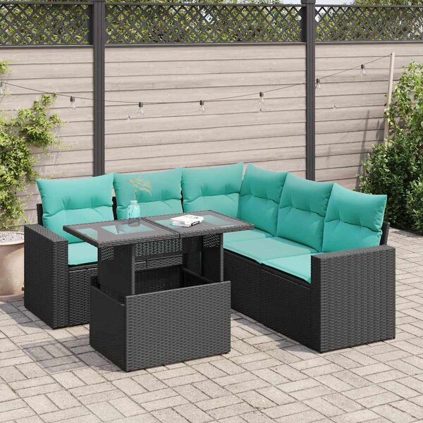 6 részes fekete polyrattan akácfa kerti ülőgarnitúra párnákkal