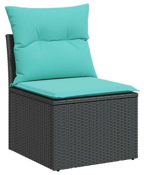 6 részes fekete polyrattan akácfa kerti ülőgarnitúra párnákkal