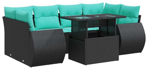 7 részes fekete polyrattan akácfa kerti ülőgarnitúra párnával