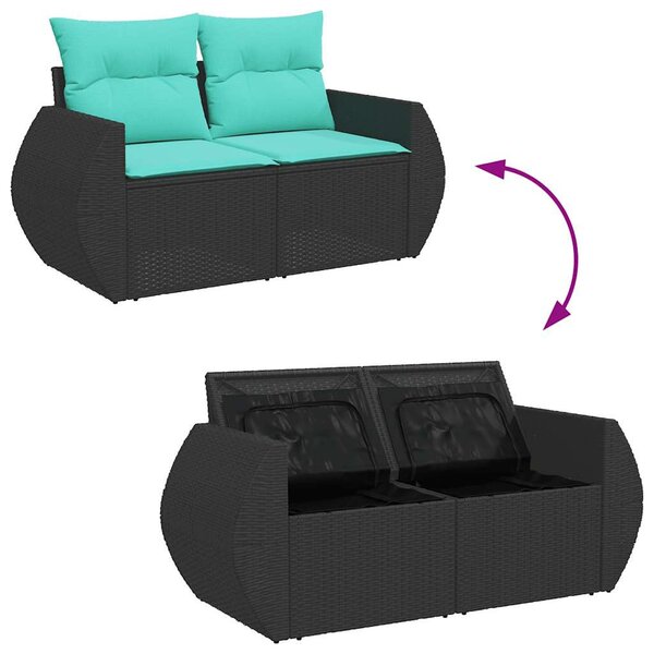 6 részes fekete polyrattan akácfa kerti ülőgarnitúra párnákkal