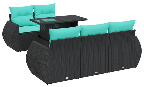 6 részes fekete polyrattan akácfa kerti ülőgarnitúra párnákkal