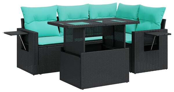 5 részes fekete polyrattan akácfa kerti ülőgarnitúra párnával