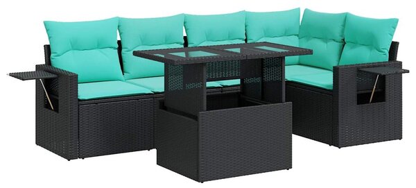 6 részes fekete polyrattan akácfa kerti ülőgarnitúra párnákkal