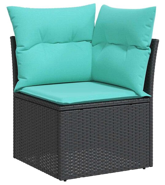 6 részes fekete polyrattan akácfa kerti ülőgarnitúra párnákkal
