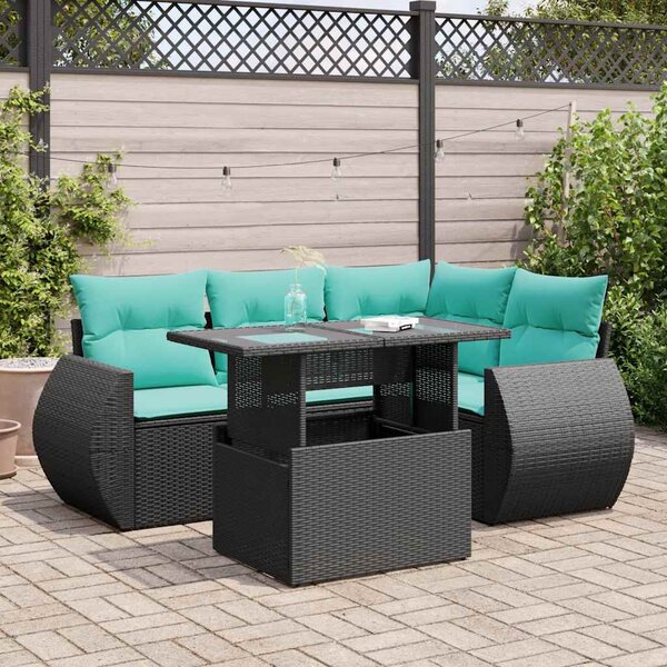 5 részes fekete polyrattan akácfa kerti kanapészett párnákkal