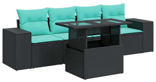5 részes fekete polyrattan akácfa kerti kanapészett párnákkal