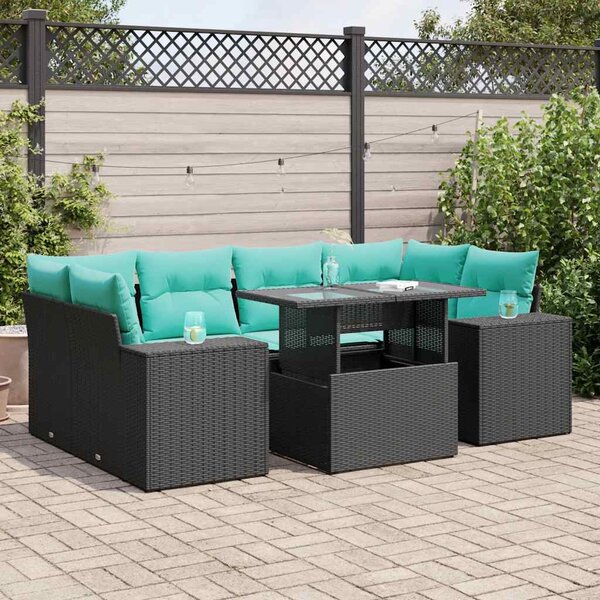 7 részes fekete polyrattan akácfa kerti ülőgarnitúra párnával