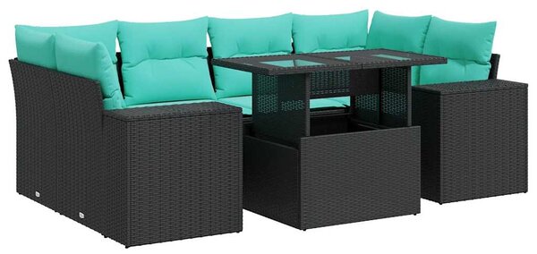 7 részes fekete polyrattan akácfa kerti ülőgarnitúra párnával