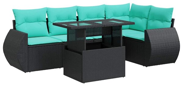 6 részes fekete polyrattan akácfa kerti ülőgarnitúra párnákkal