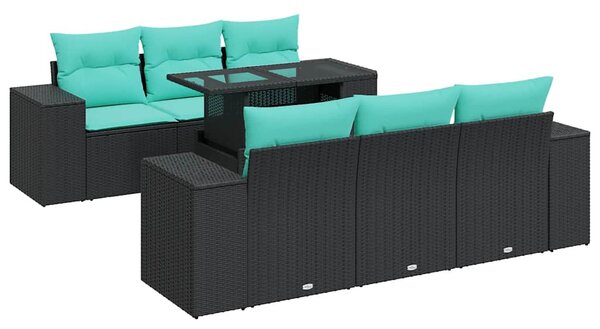 7 részes fekete polyrattan akácfa kerti ülőgarnitúra párnával