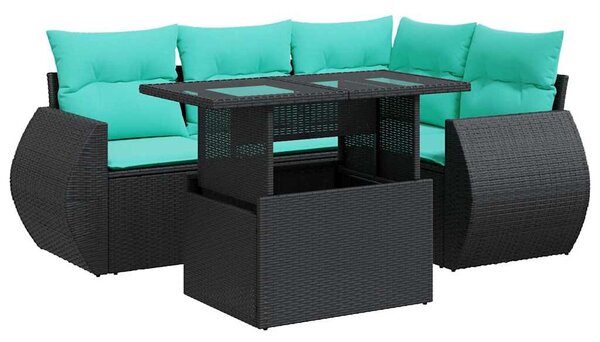 5 részes fekete polyrattan akácfa kerti kanapészett párnákkal