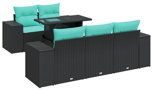 6 részes fekete polyrattan akácfa kerti ülőgarnitúra párnákkal