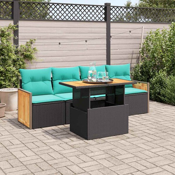 5 részes fekete polyrattan akácfa kerti kanapészett párnákkal