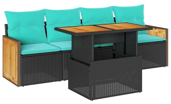 5 részes fekete polyrattan akácfa kerti kanapészett párnákkal