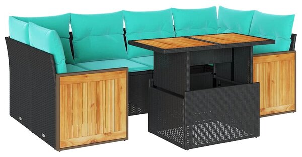 7 részes fekete polyrattan akácfa kerti ülőgarnitúra párnával