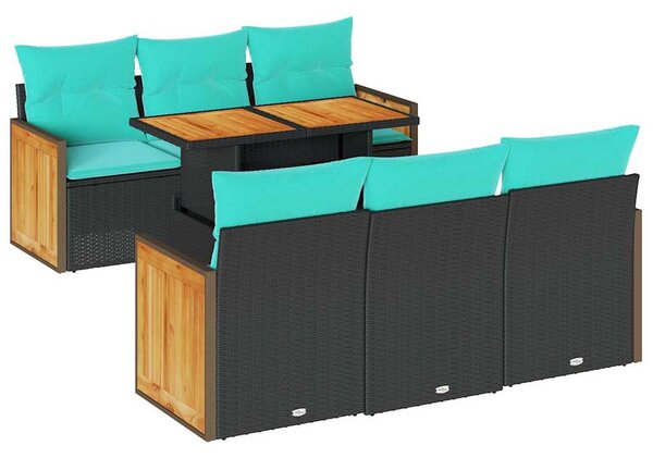 7 részes fekete polyrattan akácfa kerti ülőgarnitúra párnával