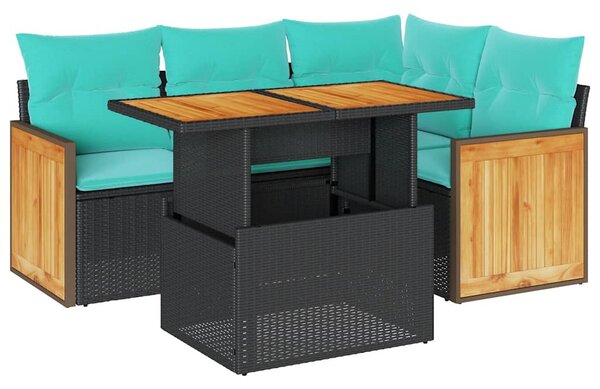 5 részes fekete polyrattan akácfa kerti kanapészett párnákkal