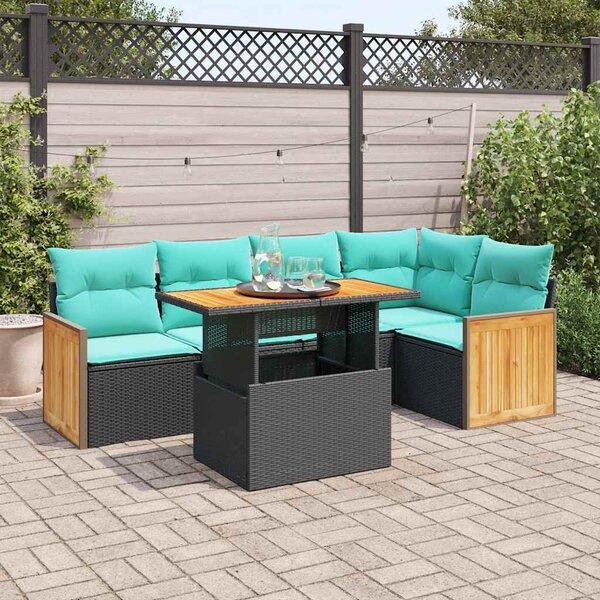 6 részes fekete polyrattan akácfa kerti ülőgarnitúra párnákkal