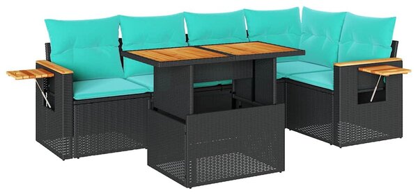 6 részes fekete polyrattan akácfa kerti ülőgarnitúra párnákkal