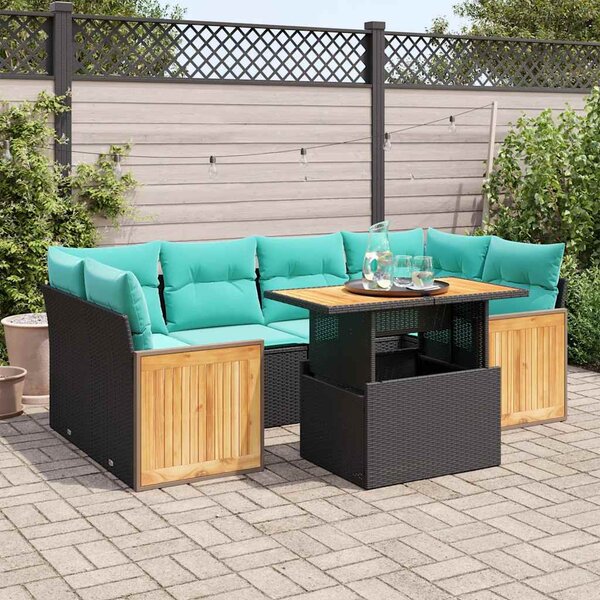 7 részes fekete polyrattan akácfa kerti ülőgarnitúra párnával