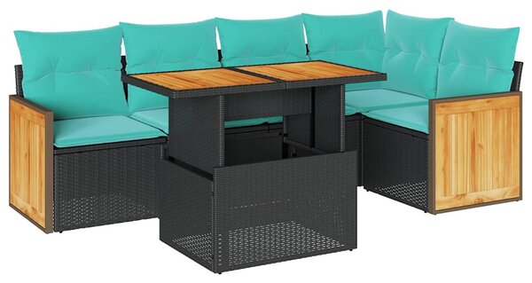 6 részes fekete polyrattan akácfa kerti ülőgarnitúra párnákkal