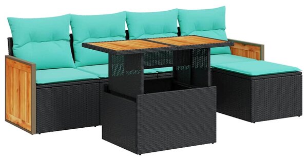6 részes fekete polyrattan akácfa kerti ülőgarnitúra párnákkal