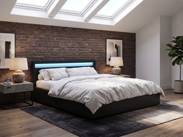Ágyneműtartós ágy LED fénnyel ARMELLE Műbőr Fekete 160 x 200 cm