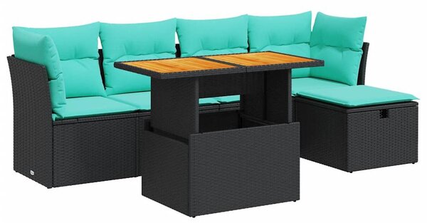 6 részes fekete polyrattan akácfa kerti ülőgarnitúra párnákkal