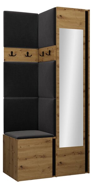 Előszoba garnitúra Pinis XXV, 186x82x46cm, Tükör, Artisan tölgy, Fekete, Kárpit, Laminált forgácslap