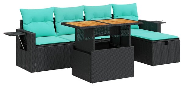 6 részes fekete polyrattan akácfa kerti ülőgarnitúra párnákkal