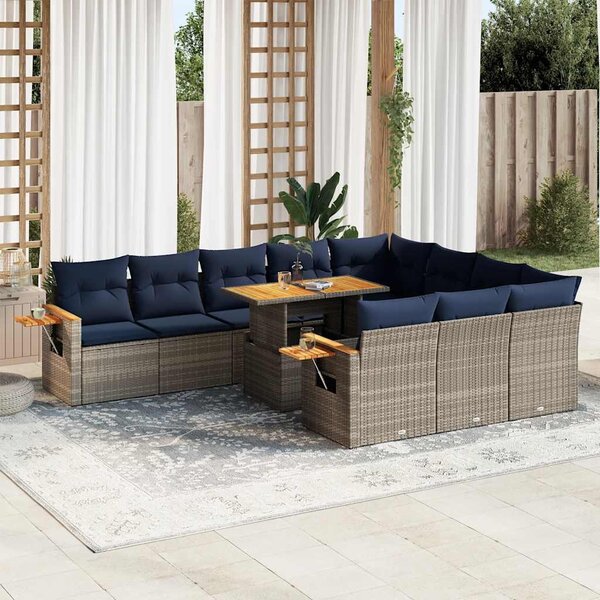 11 részes szürke polyrattan akácfa kerti ülőgarnitúra párnákkal