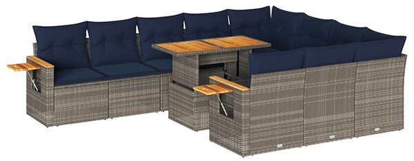 11 részes szürke polyrattan akácfa kerti ülőgarnitúra párnákkal