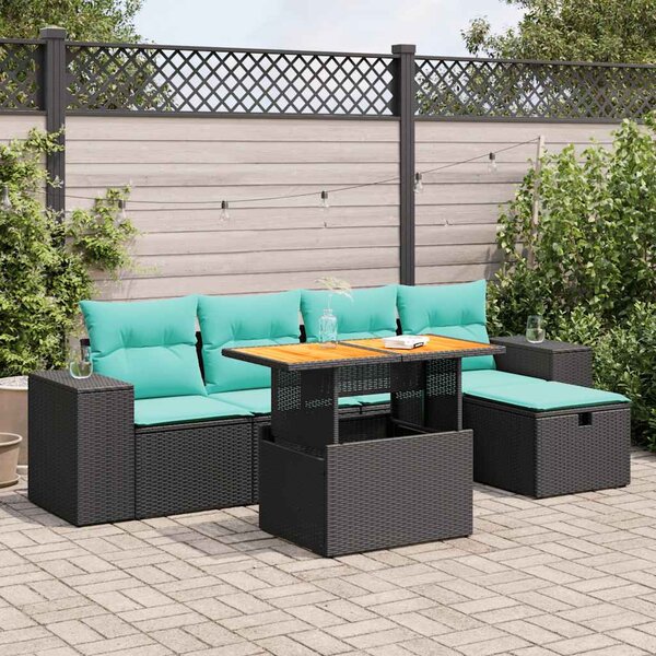 6 részes barna polyrattan akácfa kerti ülőgarnitúra párnával