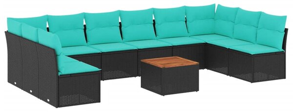 11 részes fekete polyrattan kerti ülőgarnitúra párnákkal
