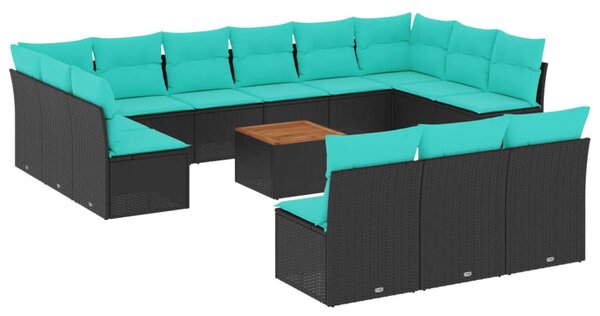 14 részes fekete polyrattan kerti ülőgarnitúra párnákkal