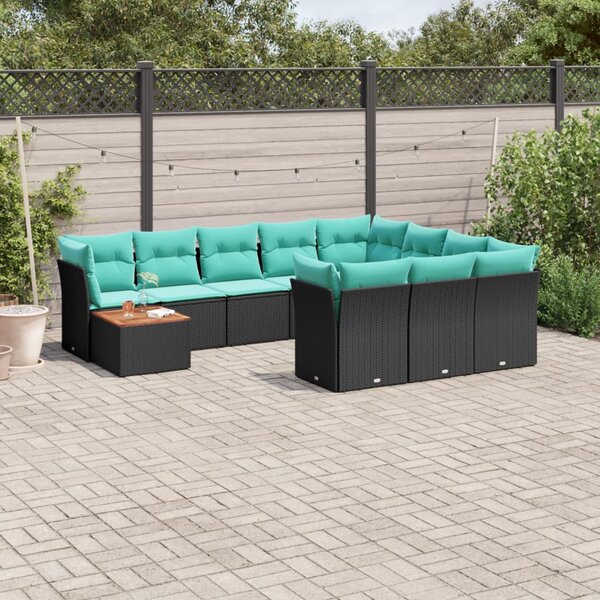 11 részes fekete polyrattan kerti ülőgarnitúra párnákkal