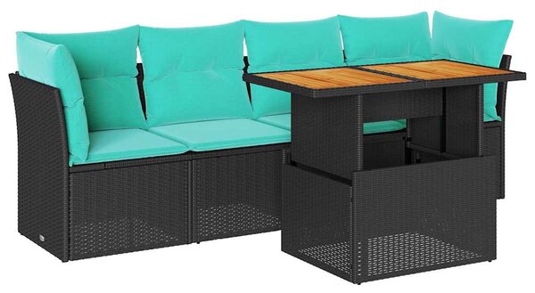 5 részes fekete polyrattan kerti kanapészett párnákkal