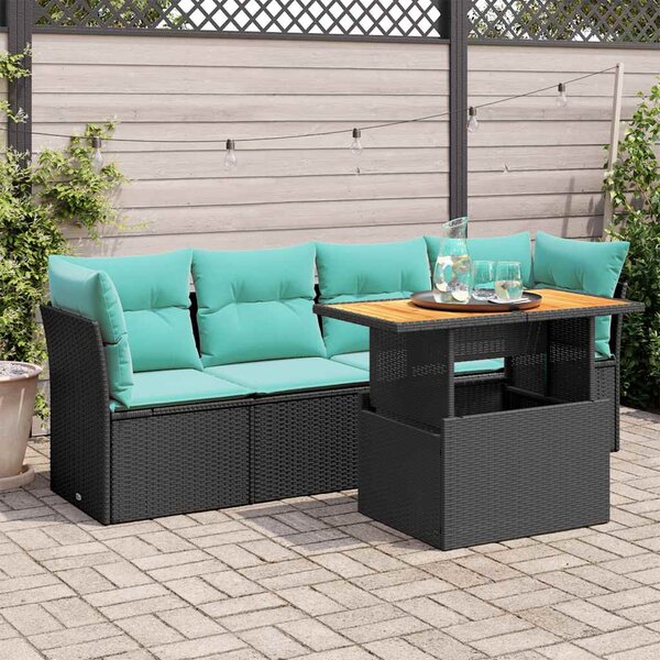 5 részes fekete polyrattan kerti kanapészett párnákkal