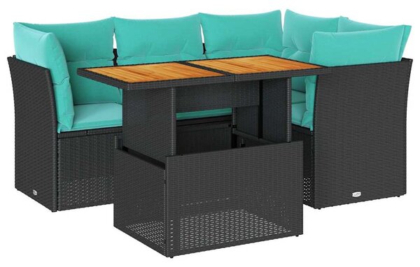 5 részes fekete polyrattan kerti kanapészett párnákkal